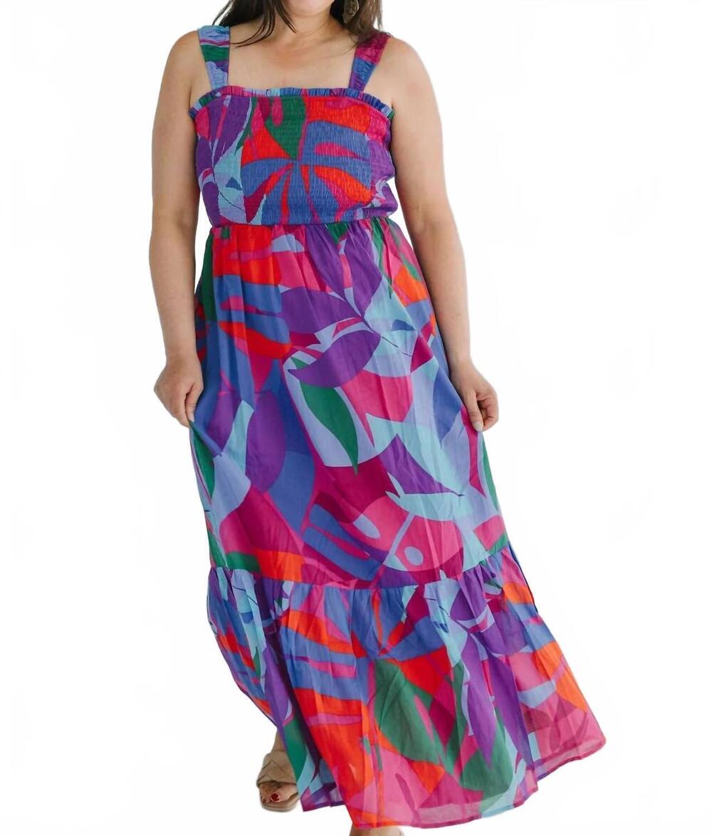 NEW SUGARLIPS women's tayla abstract smocked maxi dress in magenta-blue-green